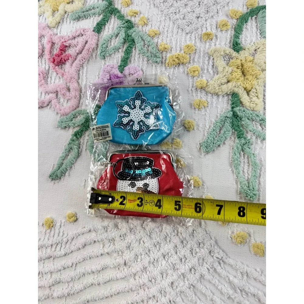 DMM Christmas Coin Purse Keychain Set Snowman Snowflake Sequin Kiss Lock 2 Pack